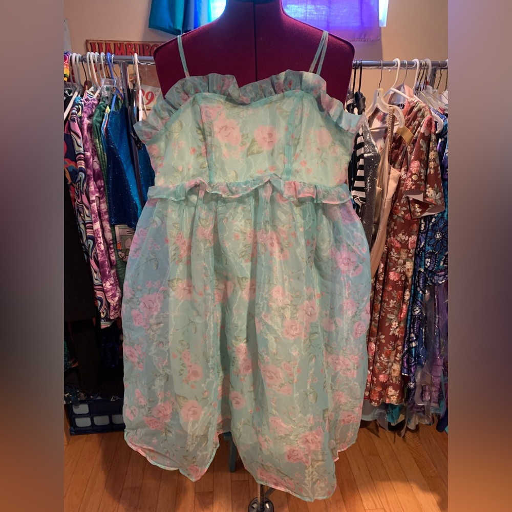 Floral Print Mint Green Organza Mini Dress with ruffled trim